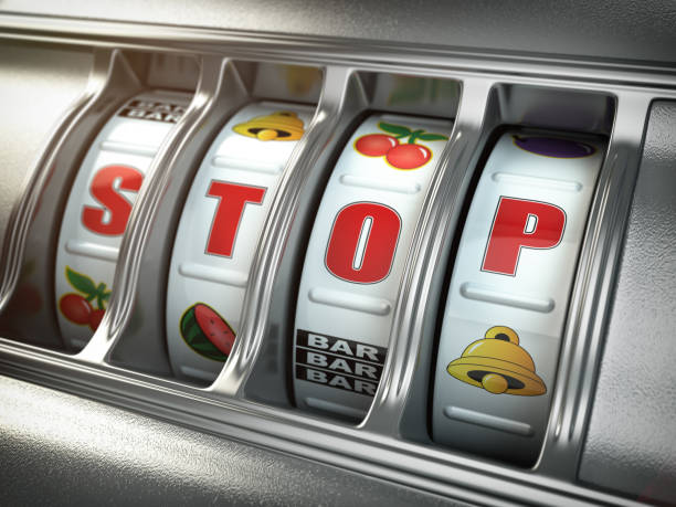 Stop gambling addiction concept. Slot machine with text stop. 3d illustration